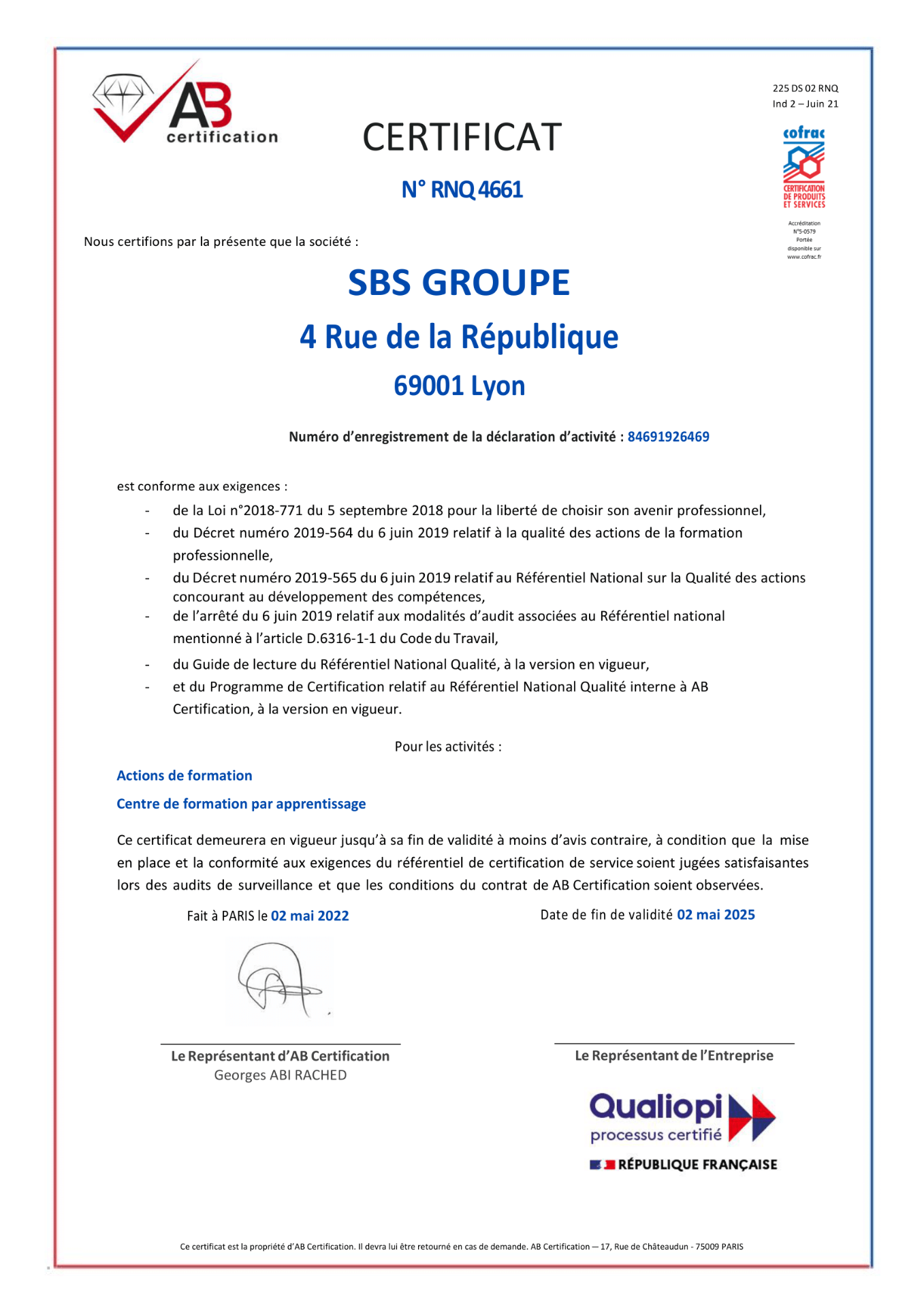 Certificat Qualiopi N° RNQ 4661 délivré à MNSO CONSEIL par AB Certification